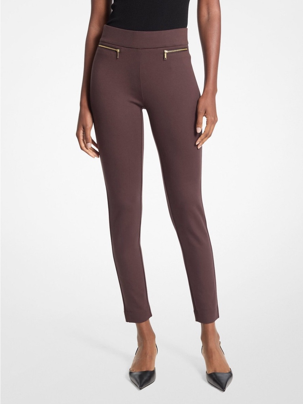 Michael Kors Brown Pull-On Ankle Pants Gold Zip Detail NWT XL